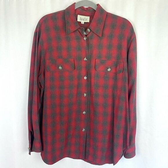 Vintage Y2K 90s Red Grey Plaid Shirt Top by Parallel Women’s M Button Down Long - Picture 1 of 7